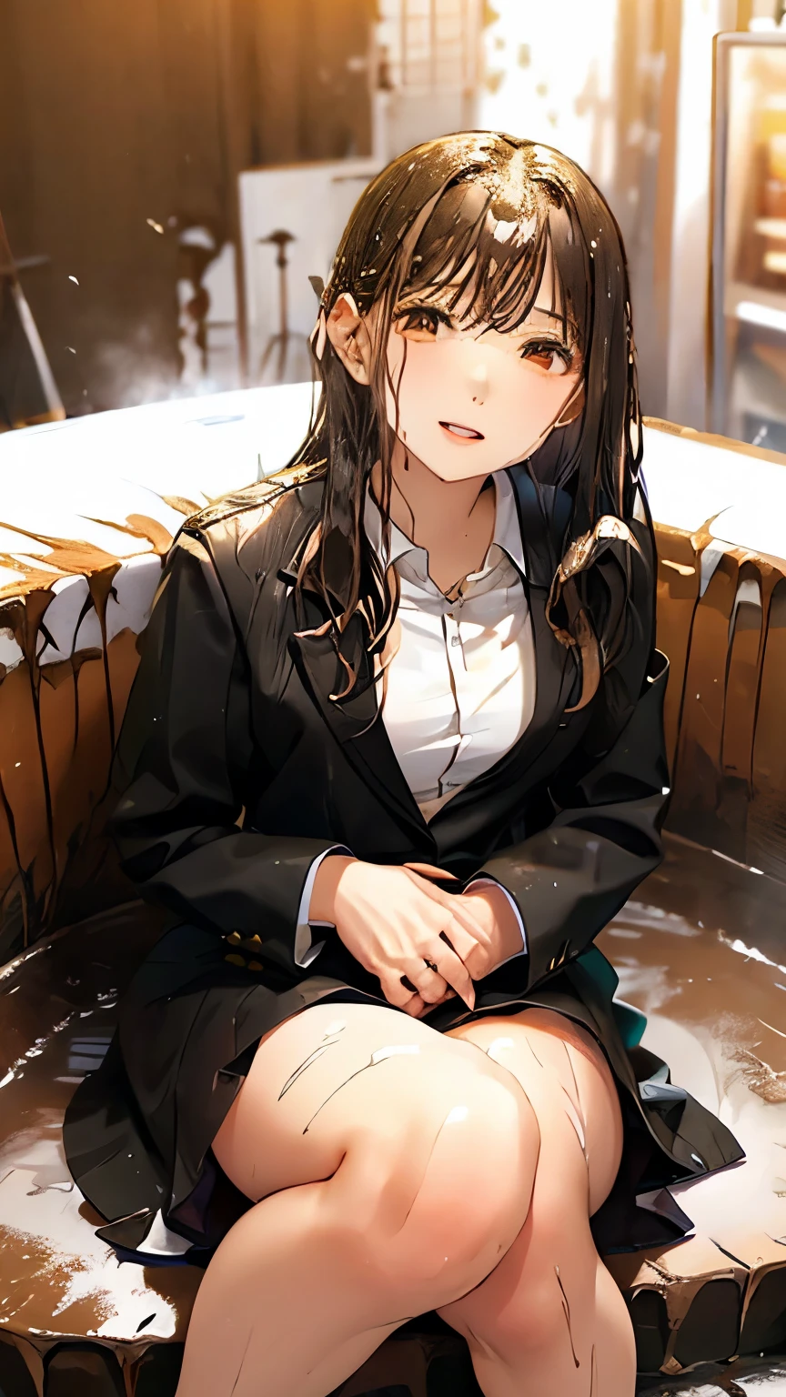 Highest,masterpiece,Highest品質,High resolution,high quality,Realistic,Medium Hair,Black Skirt:1.5,High heels, Collared shirt,Cleavage,Black jacket,business suit:1.5,Sit in the bathtub,Pinch your hands between your thighs,Wet,Sweat,orgasm,Fair skin,Oily skin,ID card,White chocolate:1.5