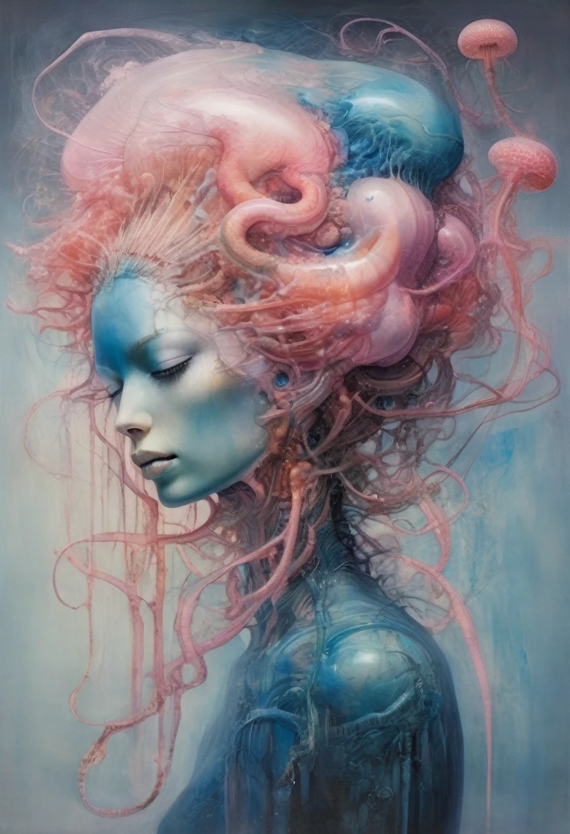 there is a painting of a jellyfish with a flower on it, inspired by Earnst Haeckel, flowing tendrils, alberto seveso and dan mccaw, inspired by Alberto Seveso, anatomical fractal, inspired by Hans Bellmer, visible nervous , nerve , nerves, inspired by Ernst Haeckel, blue an pink color