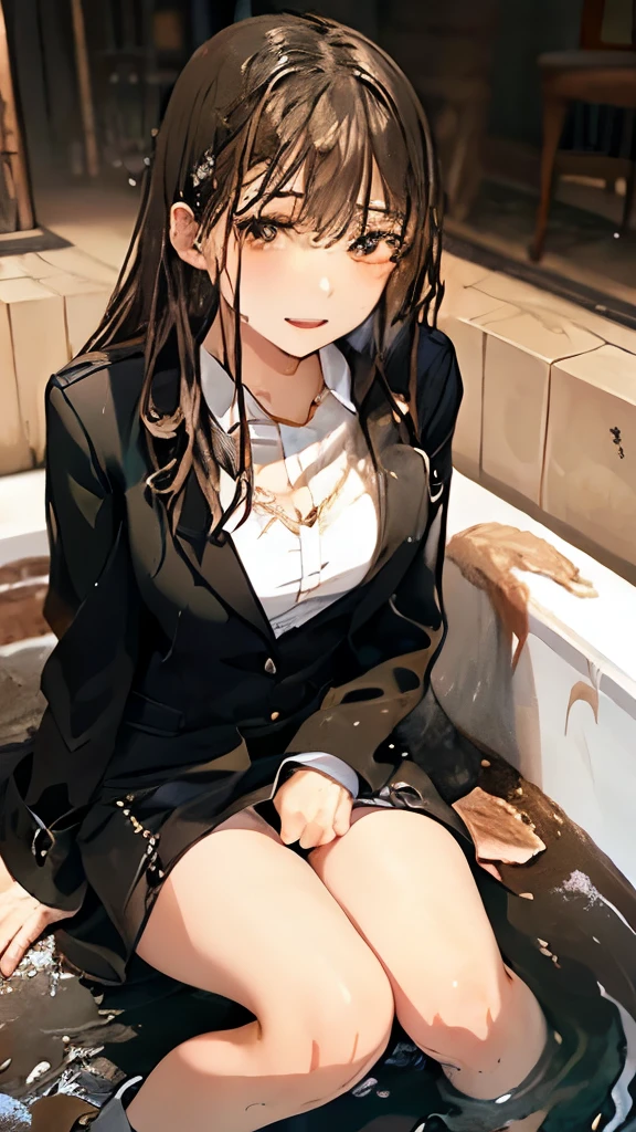 Highest,masterpiece,Highest品質,High resolution,high quality,Realistic,Medium Hair,Torn pantyhose,Black Skirt:1.5,High heels, Collared shirt,Cleavage,Black jacket,business suit:1.5,Sit in the bathtub,Pinch your hands between your thighs,Wet,Sweat,orgasm,Fair skin,Oily skin,ID card,White chocolate:1.5