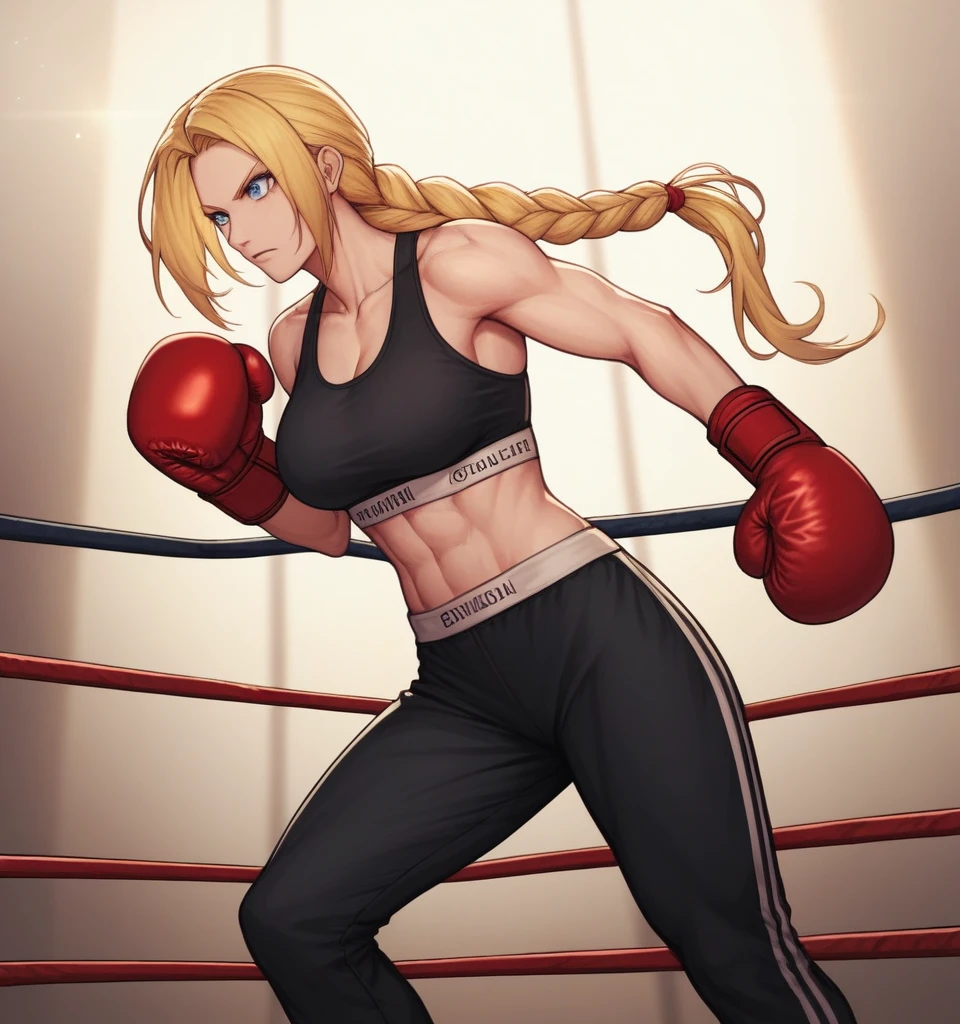 score_9, score_8_up, score_7_up, score_6_up, Detailed Background, BREAK
 Samusaran,1girl, long hair, sports bra,long black pants,boxing stance, blonde hair, blue eyes, single braid, BREAK
Boxing ring, boxing gloves