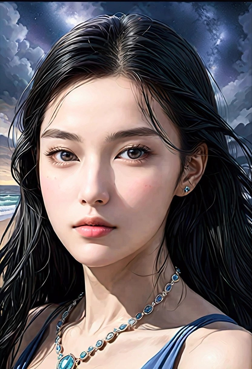 ((Masterpieces with up to 16K resolution:1.6)),Highest quality,it is really amazing,Very detailed,Ultra-high resolution,(Real:1.5),(Realistic:1.5),Increased depth of field,Cinematic Light,
Elegant mature woman,
Long black hair,(Exquisitely detailed face:1.5),Face with a gentle expression,Translucent white skin,Very sensitive skin,Great proportions,Anatomically correct body,
Sexy bikini swimwear,Artistic design,Beautiful and detailed pattern,Detailed fabric texture,Gorgeous necklace,
Coastal landscape at dusk,Dark clouds and dark sky,delay々Continuing sandy beach, Deserted Beach,Dark sea surface,
(Cowboy Shot:1.6),