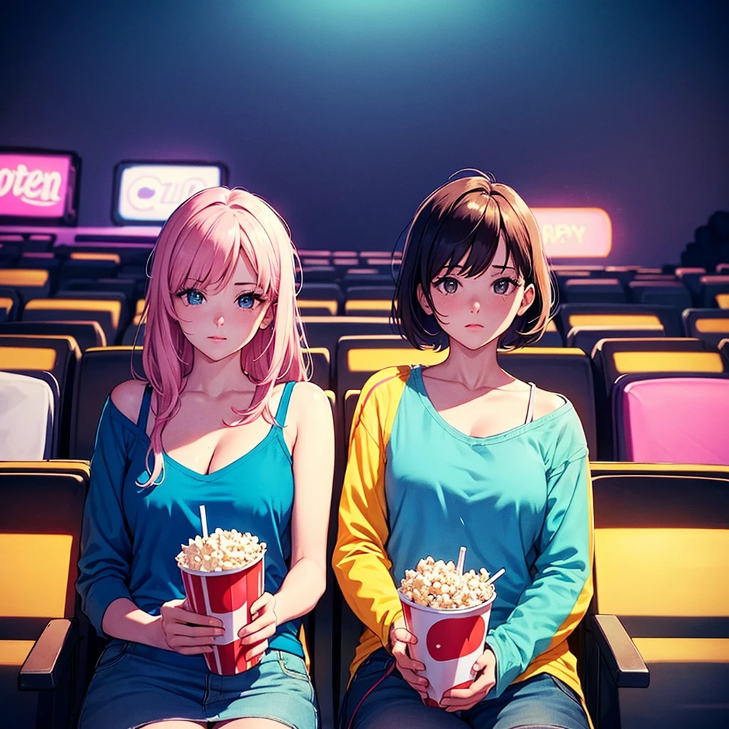 Please generate an image of a couple watching a movie in an 80s-style city pop atmosphere. The couple is an 80s-style fashion and looks stylish and relaxed. Draw a picture of enjoying popcorn and drinks in the dark lighting of the movie theater. Make sure that you can see a part of the screen and the silhouette of other audiences in the background. Use soft and pastel colors overall to create the atmosphere and nostalgic feeling of an 80's movie theater.