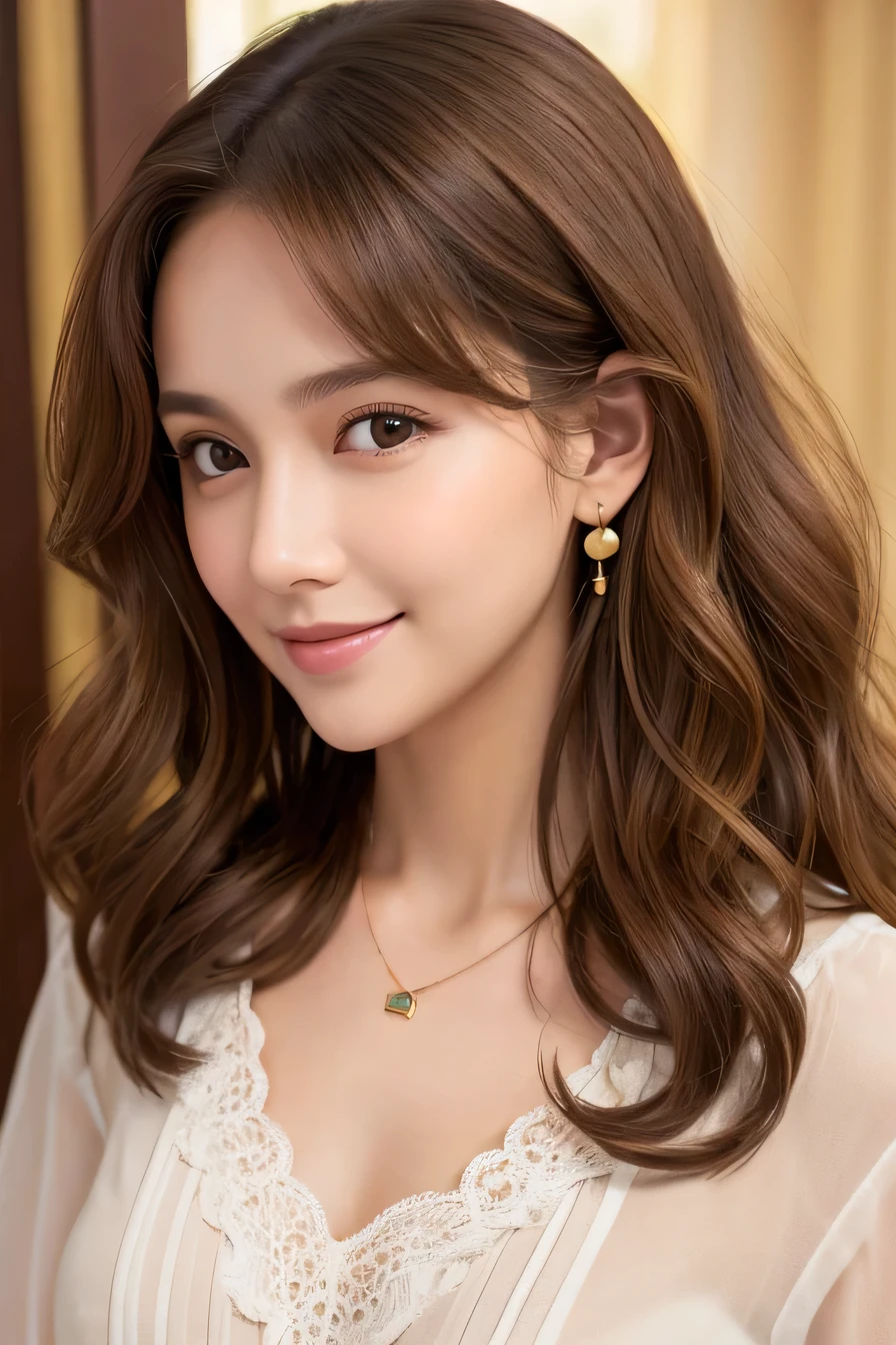 young woman、Light brown hair、、Wavy Hair、ear piercing、Necklace around the neck、blouse、Emphasize the chest、smile、Intricate details, Very detailed:1.2), 、 Looking into the camera、The background is the office

