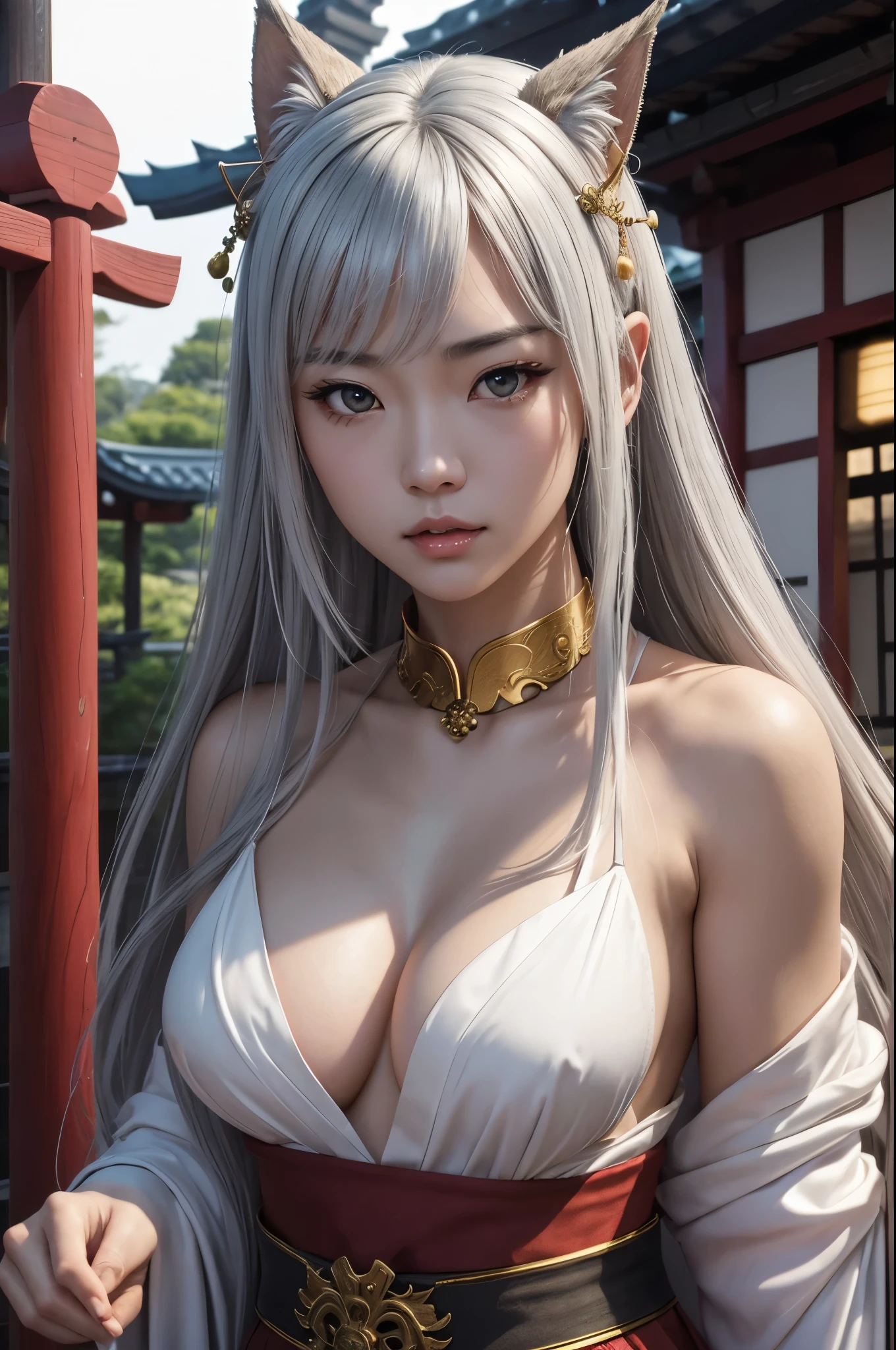 8K,Black light、angerの表現の真の芸術、angerの犬神,Preparing for battle,Preparation to fight,bushido,Fighting Poseの50歳の女性,Delicate and beautiful mature dog goddess、1 、Dog Ears,Gray Hair、日本のShrine maiden衣装を着た犬神の女王、anger,Japanese red and white Shrine maiden衣装,Glaring at the viewer,Dynamic Angle,Anthropomorphic Inugami Queen、Long white hair、so beautiful、(Super A)High resolution、Best image quality)、masterpiece、Very delicate and beautiful、Attention to detail,Rich background,((High resolutionスキン))Golden Eyes,teeth、Golden Eyes,Beautiful expression,White tail、red sacred magatama collar、Attractive body、Slim female muscular body,My abdominal muscles are so tight、Super A high resolution,Surreal,Shrine maiden衣装,赤と白のShrine maiden衣装,Wide open chest,Beautiful white bare skin,Dog Ears,Photorealistic RAW photos of the highest quality。Bright colors,Rich colors, Backlight, Cinema Lighting, Film Grain, 50mm lens, Nikon D850,Realistic Skin,Fantasy art,Character Art,超High resolution,Realistic Skin,sunset,very large breasts exposed,Fighting Pose,Shrine maiden&#39;Red Hakama,Fighting Style,Mature Woman,middle aged,Intricate craftsmanship of the Inugami crest,Muscular Beauty,