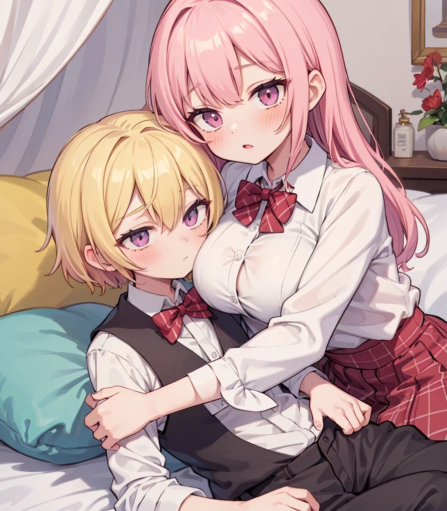 masterpiece, Highest quality, so beautiful, absurdists,High resolution,One girl, One boy,Cuddling in bed, like,sexly,Look at each one, blush,Age difference,bow tie,blondes,chest,Long Hair,Pink Hair,Tucked in shirt,short hair,skirt,Tent shirt,Slut,Big breasted sister and brother,Siblings, trousers,Pushing her big tits against her brother,(My brother's erect penis),((((姉のvery huge breasts,Sister crushes her big tits in her brother's face)))),(((((Very huge breasts))))),(((((small penis,NSFW,Soft Very HUGE breasts))))),((Bursting Breasts,Huge breasts hiding her brother's face)),((((((((Huge Breasts, Large Breasts, Very Large Breasts, Very Large Breasts, Very Large Breasts, Very Large Breasts, Very Large Breasts, Very Large Breasts, Very Large Breasts, Very Large Breasts, Very Large Breasts, Very Large Breasts, Burying Face in Breasts)))))))),Two people gazing at each other,puffy breasts,((Face crushed by tits, huge breasts on brother's body, mouth covered by tits, breasts covering face)),((huge breasts)),soft massive breasts