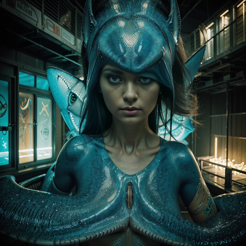 An attractive young nude woman modeled on Christina Ricci , naked, with long flowing brown hair, perfect face, physically fit, posed nude lifelike encased within a transparent enclosure, in a Sci-fi futuristic lab, under neon blue lighting, hyper-detailed, High quality image in the style of Bruce Pennington, Tim white and Frank Frazetta;