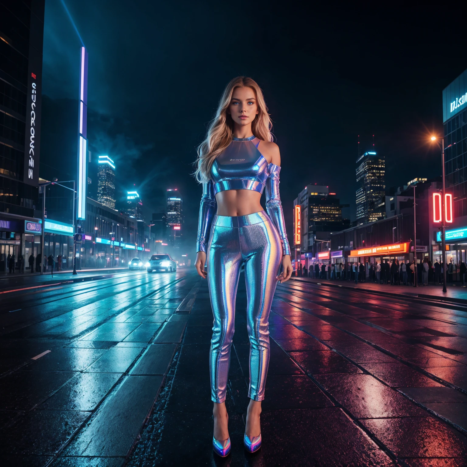 professional portrait photograph of a gorgeous 18 year,Norwegian girl Lise Olsen in a high-fashion photoshoot set in a vibrant, neon-lit cityscape at night. The scene should feature towering skyscrapers adorned with colorful neon signs and digital billboards. The wet pavement reflects the glowing lights, adding a dynamic, glowing effect to the environment. Futuristic elements such as flying cars and drones populate the sky with long wavy blonde hair,blue eye,sultry flirty look, gorgeous symmetrical face, cute natural makeup, wearing sleek, futuristic holographic ensemble. The outfit includes a form-fitting crop top and high-waisted, wide-leg pants made of holographic fabric that shifts colors with movement. The top, ((standing)), ultra realistic, concept art, elegant, highly detailed, intricate, sharp focus, depth of field, f/1. 8, 85mm, medium shot, mid shot, (((professionally color graded))), bright soft diffused light, (volumetric fog), trending on instagram, hdr 4k, 8k
