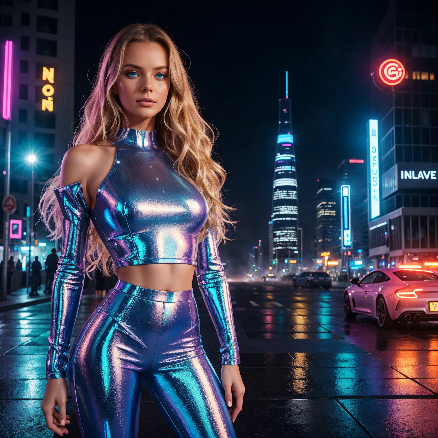 professional portrait photograph of a gorgeous 18 year,Norwegian girl Lise Olsen in a high-fashion photoshoot set in a vibrant, neon-lit cityscape at night. The scene should feature towering skyscrapers adorned with colorful neon signs and digital billboards. The wet pavement reflects the glowing lights, adding a dynamic, glowing effect to the environment. Futuristic elements such as flying cars and drones populate the sky with long wavy blonde hair,blue eye,sultry flirty look, gorgeous symmetrical face, cute natural makeup, wearing sleek, futuristic holographic ensemble. The outfit includes a form-fitting crop top and high-waisted, wide-leg pants made of holographic fabric that shifts colors with movement. The top, ((standing)), ultra realistic, concept art, elegant, highly detailed, intricate, sharp focus, depth of field, f/1. 8, 85mm, medium shot, mid shot, (((professionally color graded))), bright soft diffused light, (volumetric fog), trending on instagram, hdr 4k, 8k