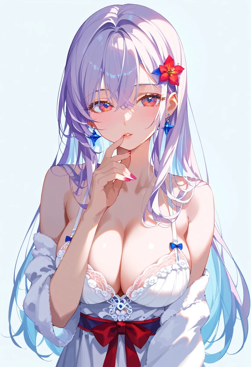 Alisa Mikhailovna Kujo,tomorrow, A friend of mine, Aya, Planning to visit Russia.、(Perfect Face, Detailed face, Beautiful Eyes,Perfect hands,Perfect Fingers)、Red face、((vapor))、hot、Maternal, feet, alone, 1 Girl, Silver Hair,Long Hair, Red ribbon hair ornament,Thin hair ornament、Big eyes, Masturbation,Blushed、Dirty Face、Expressionless、 (masterpiece:1.2, Highest quality), (細かくてBeautiful Eyes: 1.2), (Beautiful and dense face), (Sharp facial hair between the eyes)、Underwear is visible、, grinding, Transparent panties、Large Breasts、Neon lighting、look up
