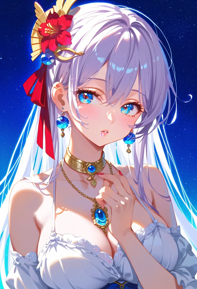 Alisa Mikhailovna Kujo,tomorrow, A friend of mine, Aya, Planning to visit Russia.、(Perfect Face, Detailed face, Beautiful Eyes,Perfect hands,Perfect Fingers)、Red face、((vapor))、hot、Maternal, feet, alone, 1 Girl, Silver Hair,Long Hair, Red ribbon hair ornament,Thin hair ornament、Big eyes, Masturbation,Blushed、Dirty Face、Expressionless、 (masterpiece:1.2, Highest quality), (細かくてBeautiful Eyes: 1.2), (Beautiful and dense face), (Sharp facial hair between the eyes)、Underwear is visible、, grinding, Transparent panties、Large Breasts、Neon lighting、look up