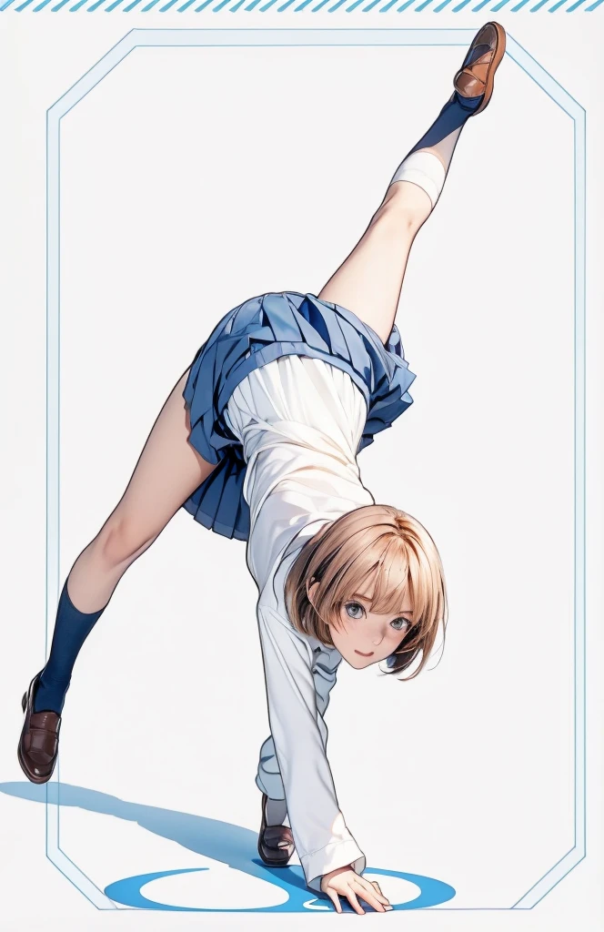 1girl, solo, looking at viewer, blush, short hair, bangs, blue eyes, skirt, simple background, brown hair, shirt, long sleeves, white background, , full body, white shirt, ahoge, pleated skirt, shoes, socks, spread legs, blue skirt, brown footwear, leg up, loafers, blue socks