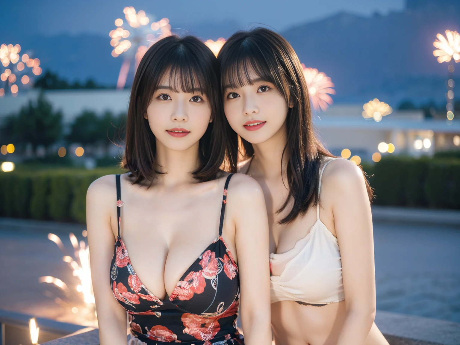 (masterpiece, realistic, photo-realistic:1.2), finely detail, ultra high res, perfect anatomy, best quality, 8K, soft focus, (happy smile:1.2), (3girls, harem, Japanese short girls, nsfw, full nude:1.2), portrait, upper body shot, focus on breasts, (black straight hair, short hair, blunt bangs:1.2), beautiful detailed face and big eyes, (glowing fair skin, shiny oiled body:1.2), (pointed huge breasts, gigantic breasts:1.2), (bloom, awesome detailed fireworks, night view:1.2), pose emphasized breasts, yukata,