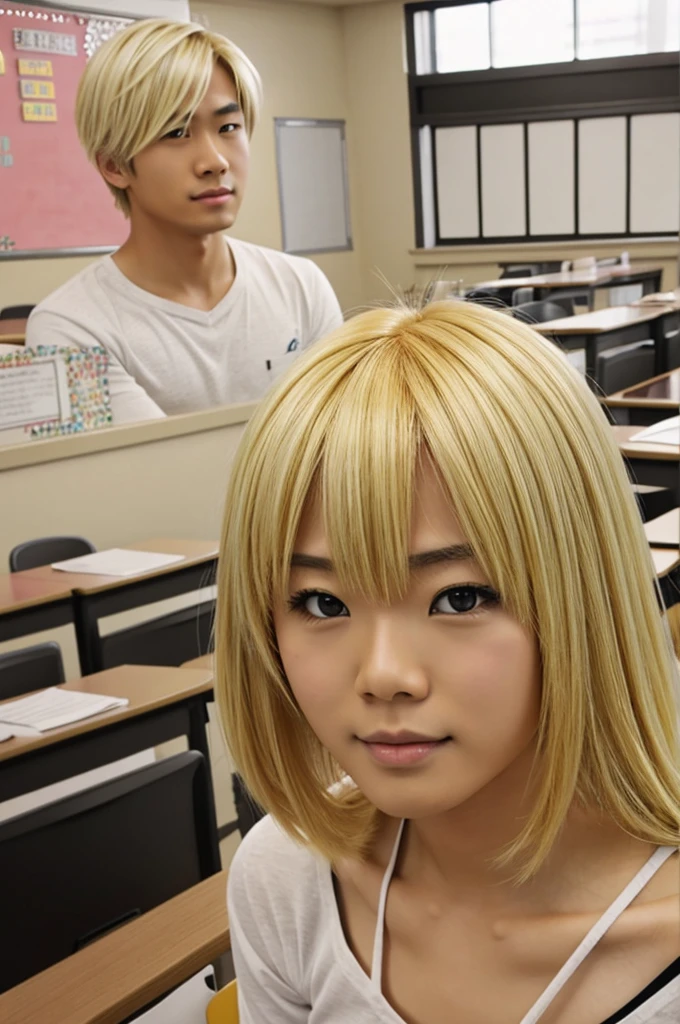 Anime Asian male blonde hair classroom