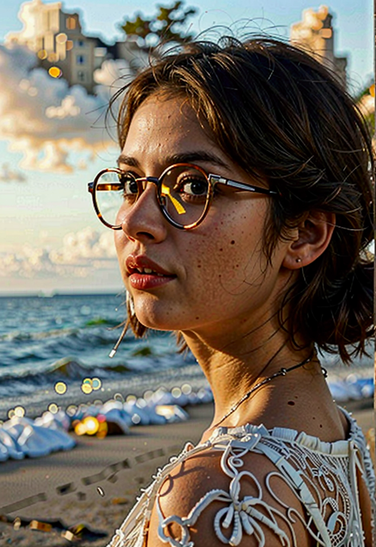 Femme brunette de 21 ans, porte des lunettes de soleils à la plage