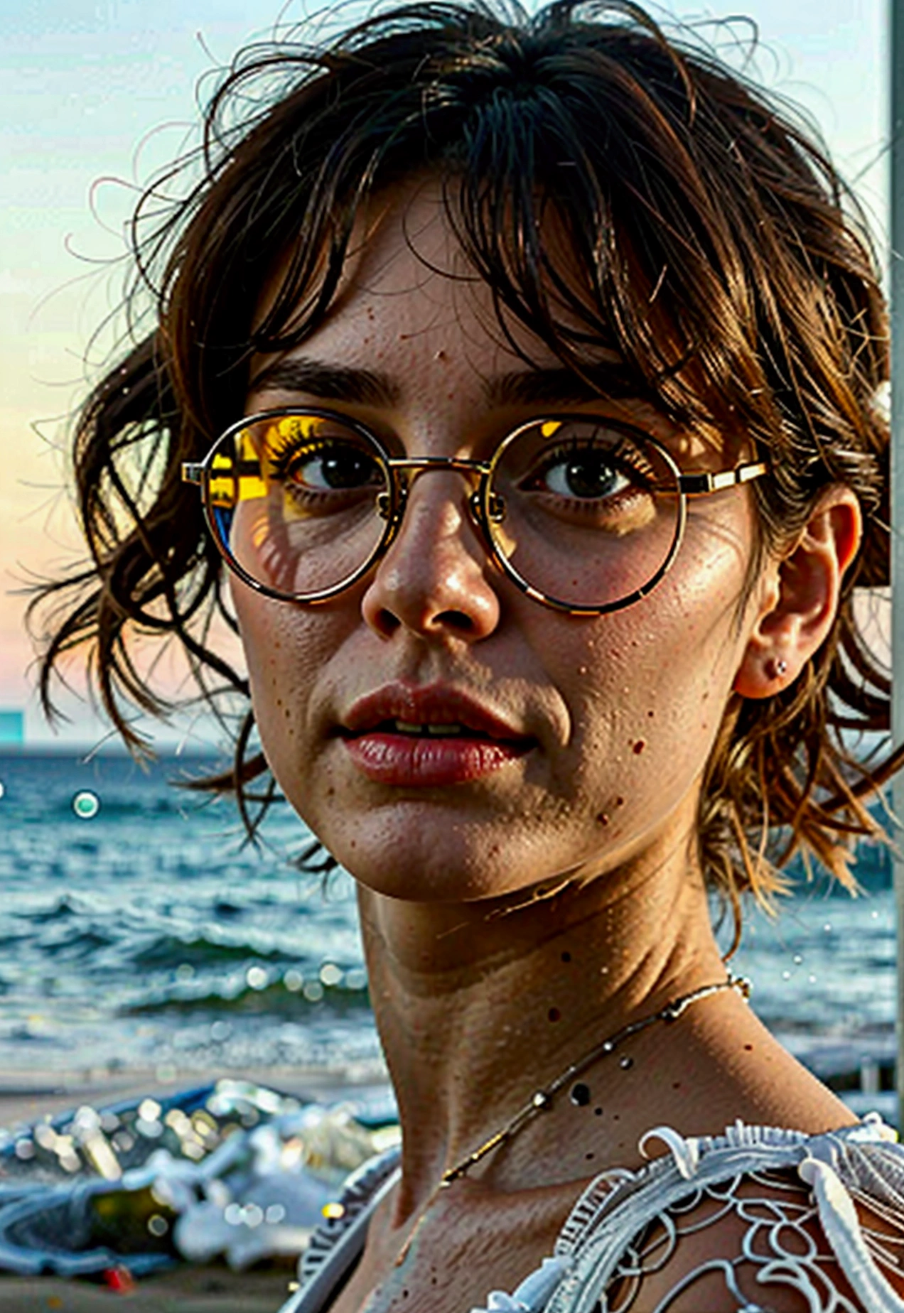 Femme brunette de 21 ans, porte des lunettes de soleils à la plage