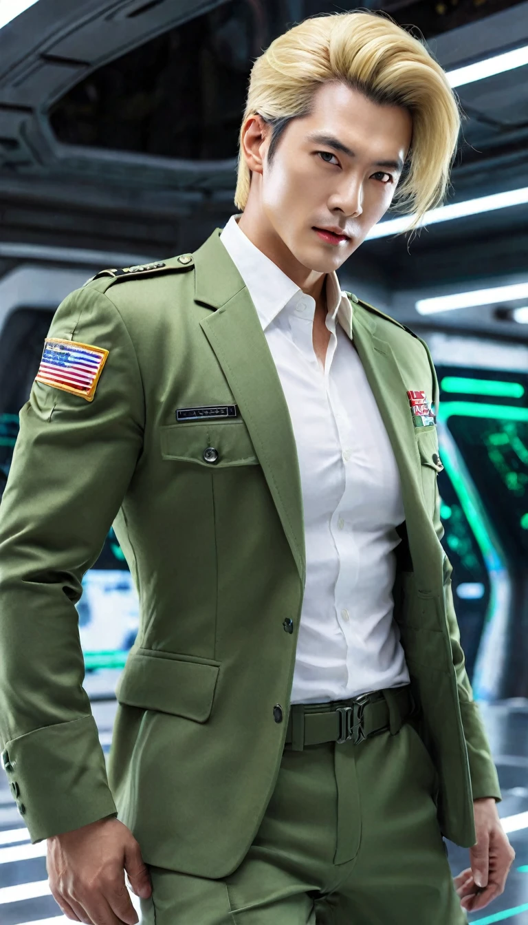 (((Ultra-realistic)))、(((Ultra-futuristic male soldier)))、Handsome male soldier High definition Realistic (((mature blonde boy)))、(((Breasts) big)))、Smooth skin、超High resolution、Realistic、Full figure、smile、Handsome middle-aged man、Handsome male soldier 、handsome brown eyes、Long flowing hair 、Very delicate and smooth skin、Former male soldier、(A very futuristic command center.)、 male soldier、(((Large chest)))、Bright green lips、(Wearing a suit fight), ((panoramic shot of boy from head to toe))