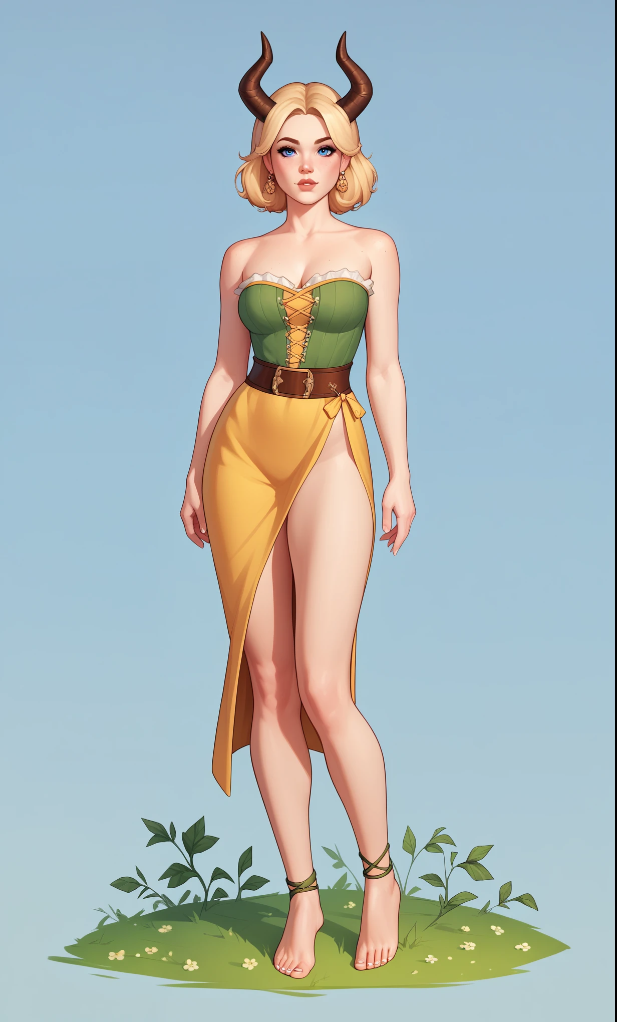 check_9, check_8_up, check_7_up, check_6_up, check_5_up, check_4_up, SorakaLoLXL, masterpiece, Best quality, A high resolution, bbandro, Yellow medieval summer girl, concept, the vines on the hand and the horns from the vine look at the viewer, full length, standing on my feet, legs wrapped in roots, dressed, blonde, Blue eyes