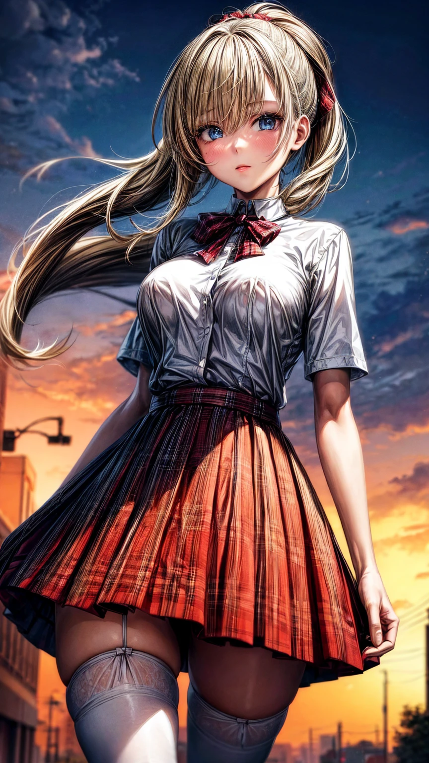 1girl,masterpiece,best quality,blonde hair,ponytails,blue eyes,(white stockings),(red plaid skirt),short skirt,standing,in full length,medium breasts,white t shirt,in front of streets,extremely detailed,[[realistic]],beautiful alluring anime teen,seductive anime girl,waving skirt,perfect body