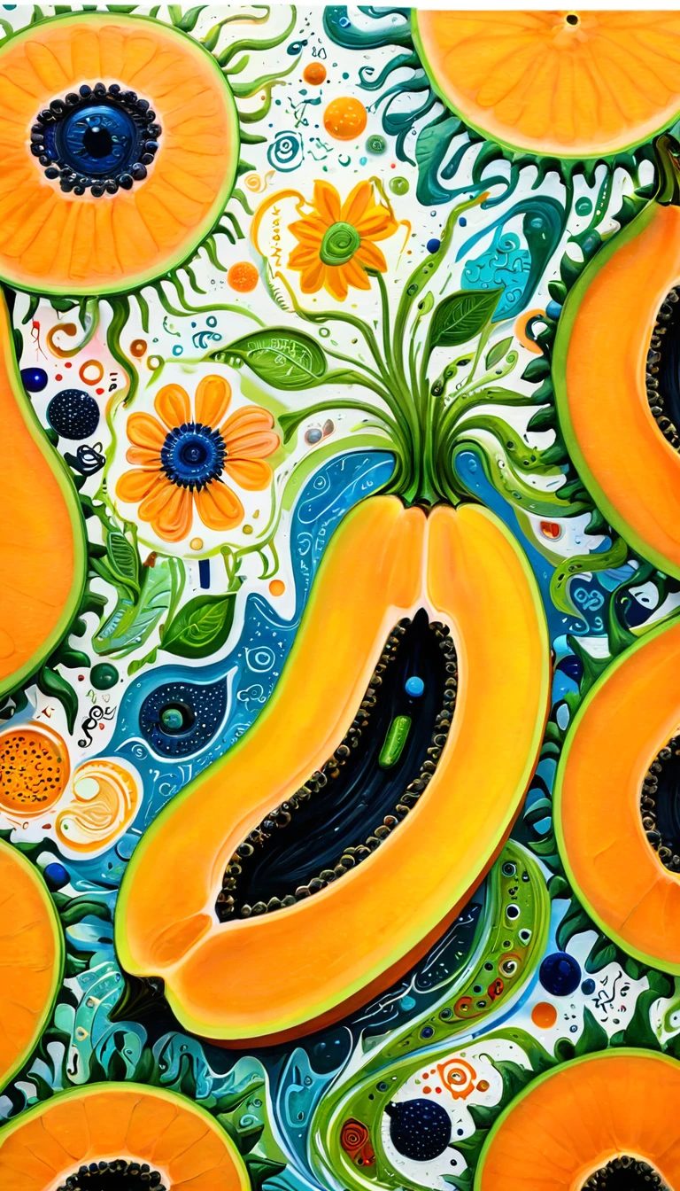 Children's graffiti,Thick coating,Concave and convex texture,Oil pastel strokes:Sliced Papaya、woodpeckesh、Tentacles、tadpole、Eye、diatom,Abstract mosaic painting,Describing the inner world of autistic people,Sense of space,White Space,interesting,Innocence,Psychedelic Art,Orange overall