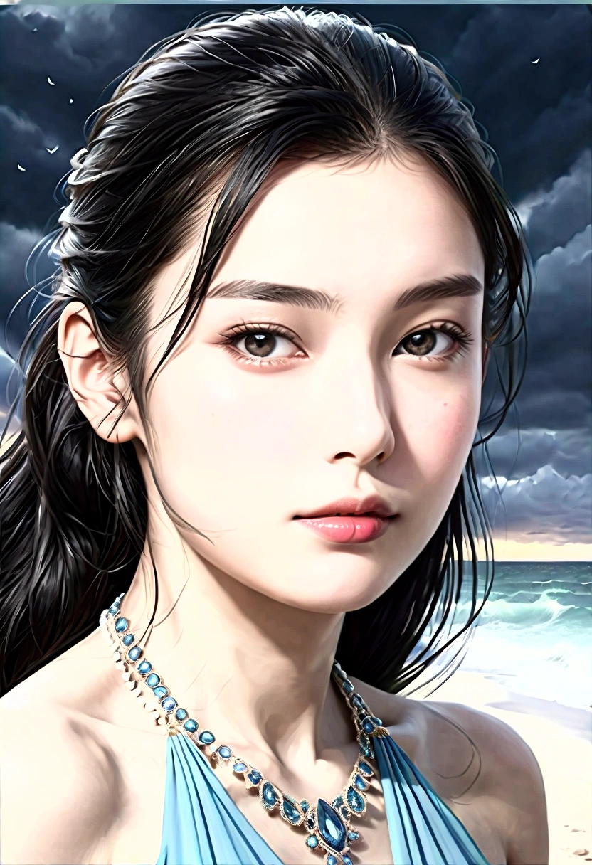 ((Masterpieces with up to 16K resolution:1.6)),Highest quality,it is really amazing,Very detailed,Ultra-high resolution,(Real:1.5),(Realistic:1.5),Increased depth of field,Cinematic Light,
Elegant mature woman,
Long black hair,(Exquisitely detailed face:1.5),Face with a gentle expression,Translucent white skin,Very sensitive skin,Great proportions,Anatomically correct body,
Sexy bikini swimwear,Artistic design,Beautiful and detailed pattern,Detailed fabric texture,Gorgeous necklace,
Coastal landscape at dusk,Dark clouds and dark sky,delay々Continuing sandy beach, Deserted Beach,Dark sea surface,
(Cowboy Shot:1.6),