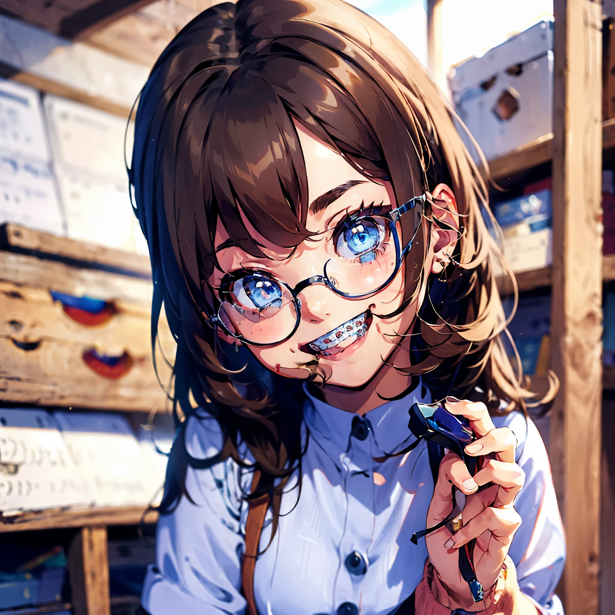 1girl, seductive eyes, braces, glasses, smiling, cute, face focus, blue eyes, blush, brown hair, best quality, masterpiece, highres