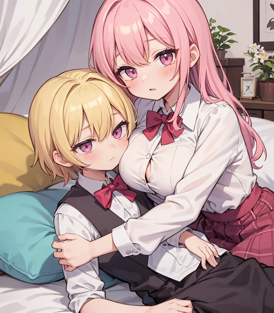 masterpiece, Highest quality, so beautiful, absurdists,High resolution,One girl, One boy,Cuddling in bed, like,sexly,Look at each one, blush,Age difference,bow tie,blondes,chest,Long Hair,Pink Hair,Tucked in shirt,short hair,skirt,Tent shirt,Slut,Big breasted sister and brother,Siblings, trousers,Pushing her big tits against her brother,(My brother's erect penis),((((姉のvery huge breasts,Sister crushes her big tits in her brother's face)))),(((((Very huge breasts))))),(((((small penis,NSFW,Soft Very HUGE breasts))))),((Bursting Breasts,Huge breasts hiding her brother's face)),((((((((Huge Breasts, Large Breasts, Very Large Breasts, Very Large Breasts, Very Large Breasts, Very Large Breasts, Very Large Breasts, Very Large Breasts, Very Large Breasts, Very Large Breasts, Very Large Breasts, Very Large Breasts, Burying Face in Breasts)))))))),Two people gazing at each other,puffy breasts,((Face crushed by tits, huge breasts on brother's body, mouth covered by tits, breasts covering face)),((huge breasts)),soft massive breasts