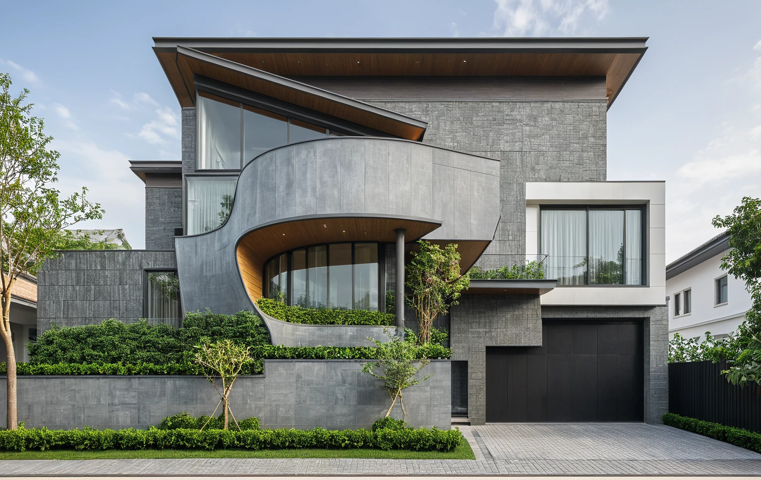 modern villa on street, (daylight), tropical tree, green shrub and plants, vivid color, streetcapes, minimalist design, brigth grey tone, large glass door, warm interior lighting, modern material, best quality, ultra realistic, masterpiece, 17ArchiAI_XL_VL-v1