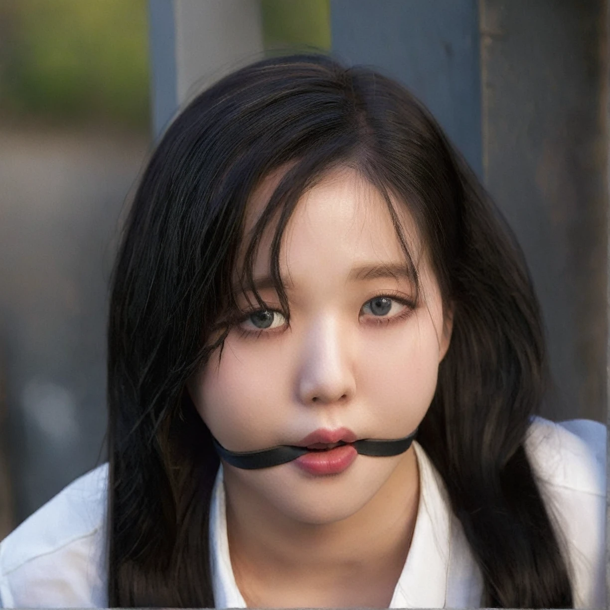 Wonyoung, One girl, alone, Blurred background, Black Hair, Outdoor, Light on the face, Realistic, Iris, Upper Body, lips, Fine grain, Detailed Iris, Detailed face, Day, null, Realistic, Blurred, blue null, shirt, white shirt, Beautiful Hair, View your viewers, High resolution, masterpiece, hogtied&gagged,