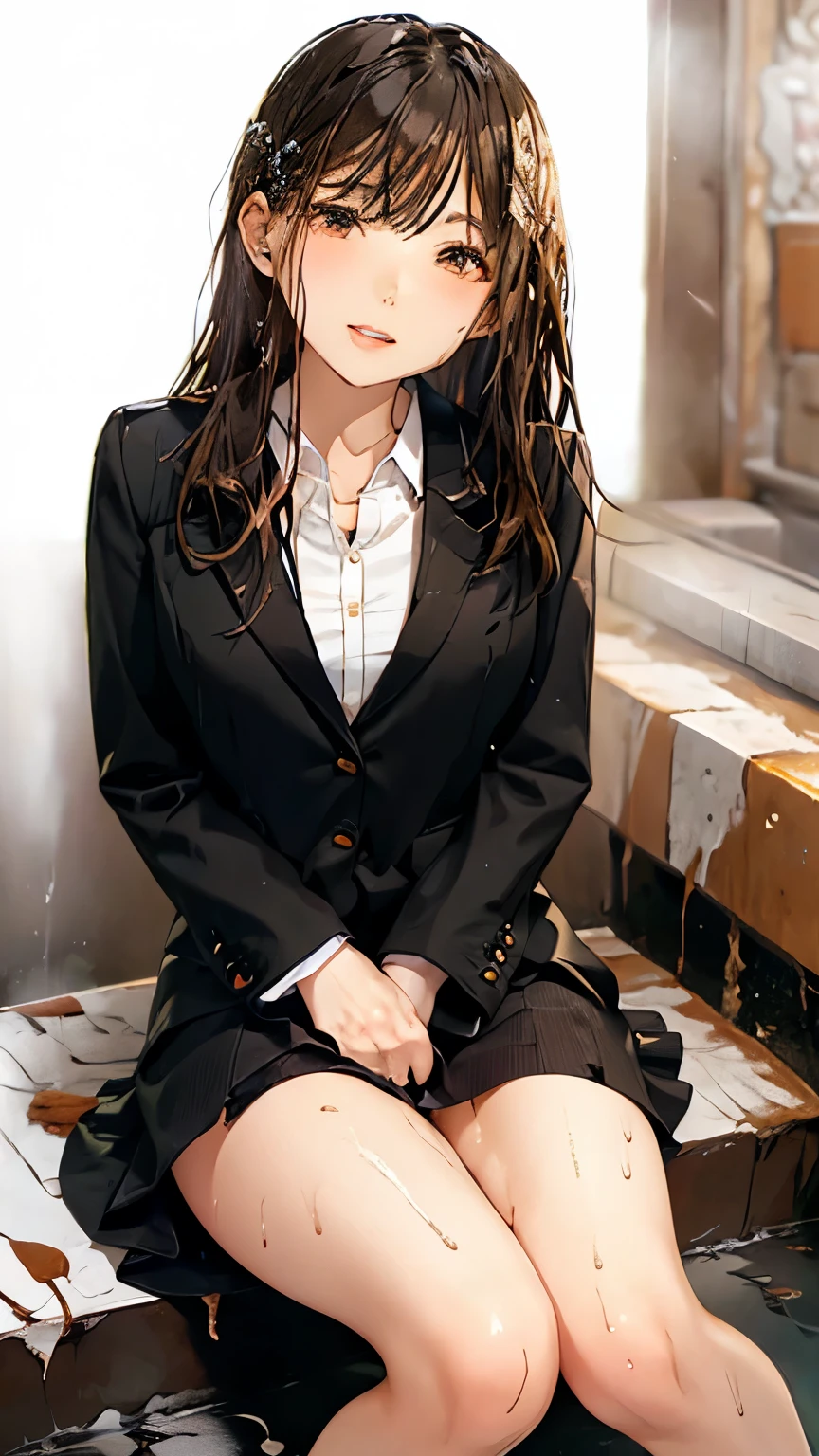 Highest,masterpiece,Highest品質,High resolution,high quality,Realistic,short hair,Wet髪,Torn pantyhose,Black Skirt:1.5,High heels, Collared shirt,Cleavage,Black jacket,business suit:1.5,Sit in the bathtub,Pinch your hands between your thighs,Wet,Sweat,orgasm,Fair skin,Oily skin,ID card,White chocolate:1.5,orgasm:1.2