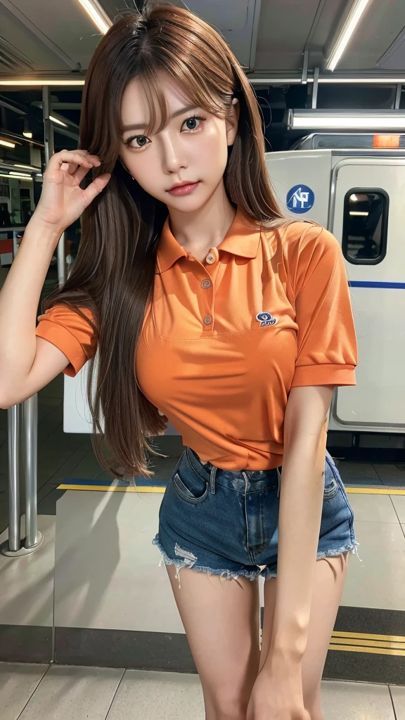 Realistic photos (1 cute Korean star) Reverse hair, light makeup, Middle breast size, Orange polo shirt, At the train station, Canon EOS Clear Facial Features, 16K, High resolution, Sharp and realistic details,  Exposure, interrupt, 超High resolution, High resolution, Highest quality