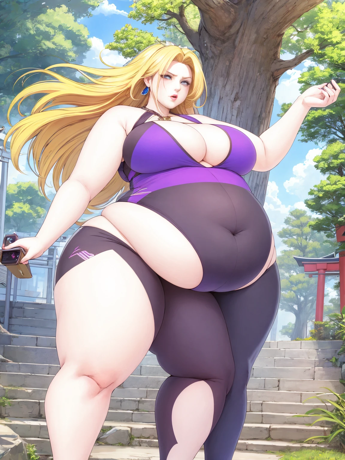 (masterpiece, best quality:1.2), 1girl, solo,mature_lady, delicate face,detail eyes,floating hair,medium breasts, (Tight Combat Suit:1.2),,tsunade_(naruto),Wallpaper Fusion, dappled sunlight, day light rays, nature, outdoors, path, plant, purple flower, scenery, stairs, sunlight, torii, tree, lipstick, jewelry, female, extremely obese, angry, (obese belly):1.8, (obese legs):1.5, fat rolls, massive SSBBW body, massive soft hyperbelly, soft massive obese belly, cute chubby feminine face, sensual pose, soft obese arms, mesmerizing eyes, gorgeous supermodel face, long hair small navel, frown, looking at viewer, beautiful day, jewelry, blue eyes, earrings, blonde hair full body portrait, parted lips, perfect blue sky with several clouds,