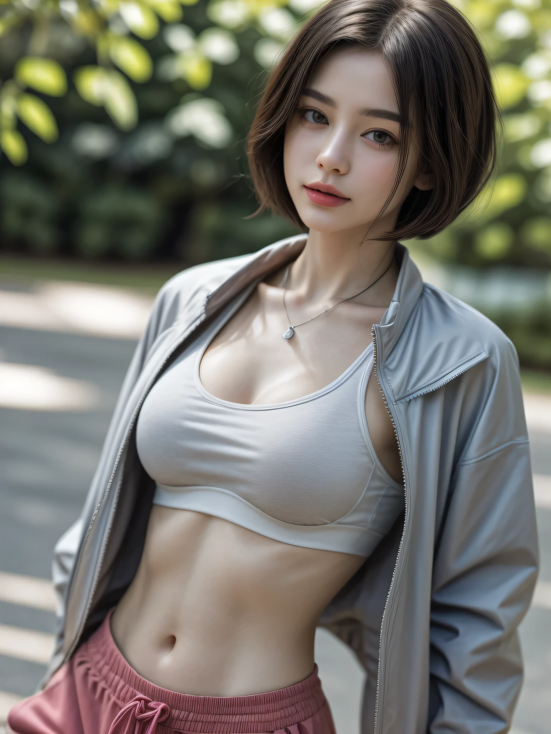 (Masterpiece, best quality, realistic, photorealistic : 1.2), high detailed photo, delicate details, sharp focus, 1 gorgeous pretty girl, short hairs, bowl cut hair, beautiful face, thin, slim body shape, fine skin, lip gloss, perfect natural hands, wearing ((sport bra and oversized open jacket)), (loose flared pants), pendant, outdoor, vibrant, vivid.