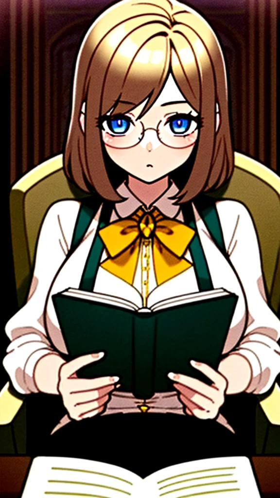 alone, One girl, masterpiece, Highest quality, Very detailed, Cinema Lighting, Exquisite detail, High resolution, Official Art, Beautifully detailed face and eyes, High resolutionのイラスト, 8K, Dark intense shadows, Exposure, [Blonde/Brown Hair], Single Blade, blue eyes, Glasses, Conceit, Sitting in a chair, Upper Body, Large Breasts, White shirt, Yellow suspenders, Book_stack, library, ((vine)), Rose, Looking at the audience