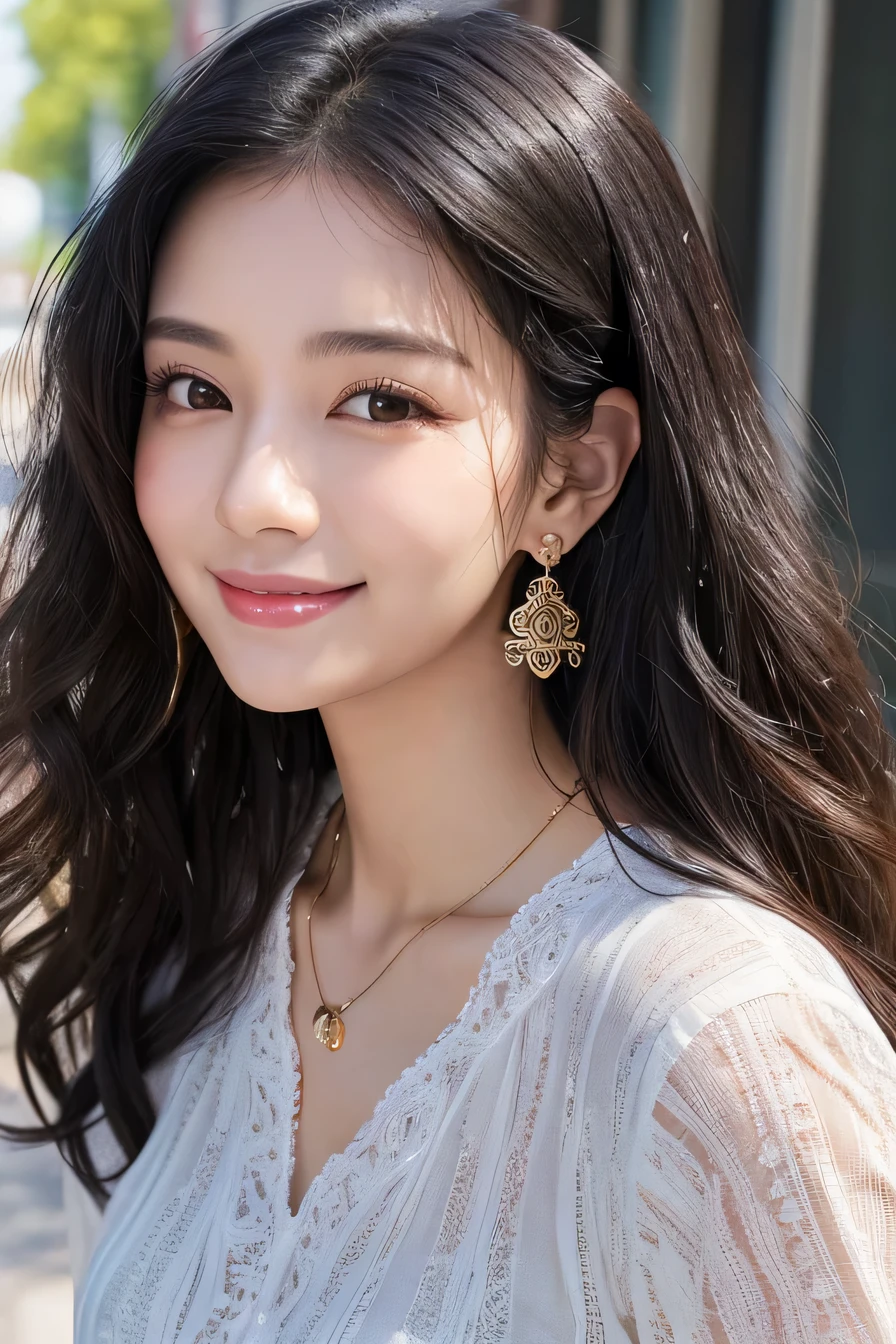 young woman、Black Hair、、Curly Hair、ear piercing、Necklace around the neck、blouse、Emphasize the chest、Closed Mouth Smile、Intricate details, Very detailed:1.2), 、 Looking into the camera,The background is the office