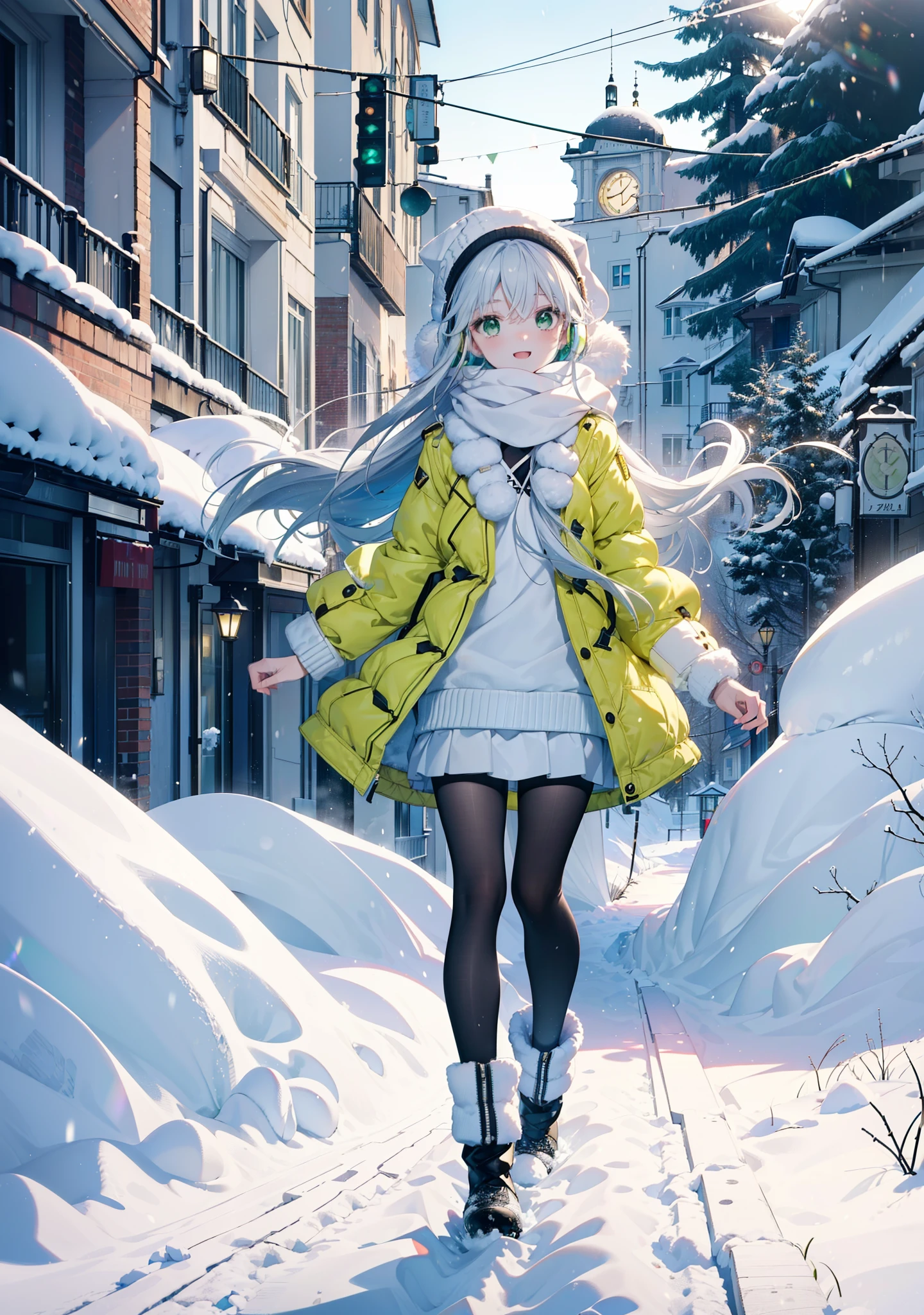 index, index, (Green Eyes:1.5), Silver Hair, Long Hair, (Flat Chest:1.2),happy smile, smile, Open your mouth,Knitted hat,Yellow long coat,White Tokkuri Sweater,Earmuffs,White scarf,Black long skirt,Black pantyhose,short boots,Walking,Snow is piled up,It&#39;s snowing,Snow Scene,Shirogane World,night,moonlight,Let the world enter your illustrations,
break looking at viewer, whole body,
break outdoors, Snow Country,Residential Street,
break (masterpiece:1.2), Highest quality, High resolution, unity 8k wallpaper, (figure:0.8), (Beautiful attention to detail:1.6), Highly detailed face, Perfect lighting, Highly detailed CG, (Perfect hands, Perfect Anatomy),