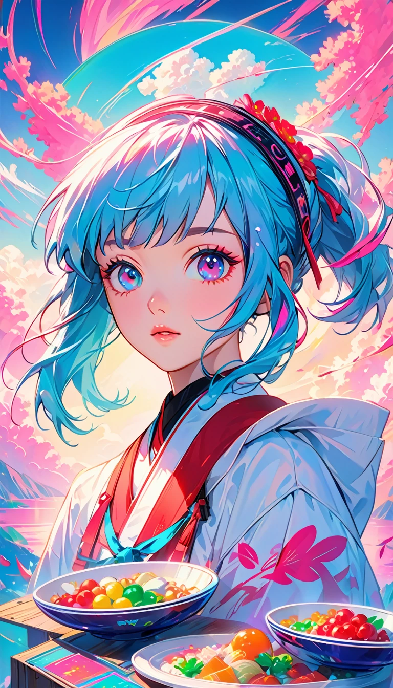Close-up of a person wearing a headband, The art of math inspired by Yanjun Cheng, Bean plate, The art of math, Vibrant fan art, Portrait of Roffey, Gu-Wise style artwork, New Vaporwave, Color Number, Internet aesthetics, K-POPアイドルポートレート, Yanjun Chent, Digital anime illustration, NFT Portrait, Digital Cyberpunk Animation Art.