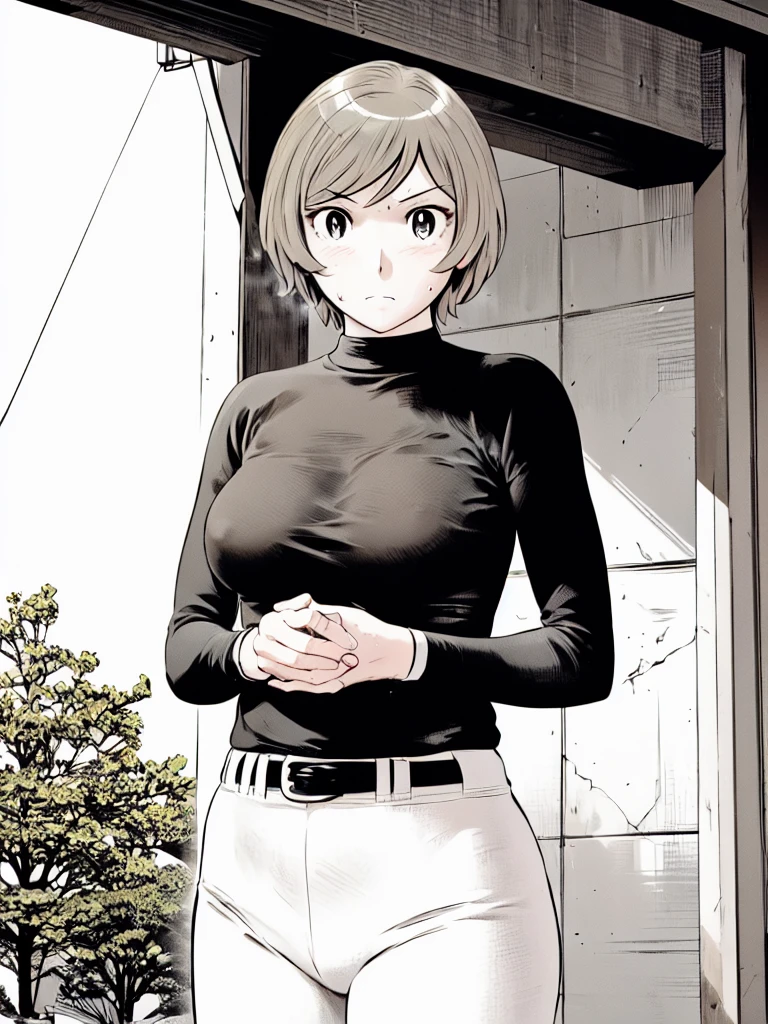 (野球uniform:1.2),
blonde, (short hair:1.2),Long sleeve, Black Shirt, turtleneck,White trousers、uniform、Black belt、((Illustration of people))、big 、Covered in mud、Soil stains、ドロドロのuniform、
View your viewers,, (Highest quality:1.3),One Girl, White pants、uniform、Outdoor、baseball ground、ground、soil、blue eyes、Tight black shirt、(masterpiece、Highest quality)、Highest quality, Ultra-high resolution, (((masterpiece))), alone, Sweat、big eyes、big Breasts、Torn clothes、 Fully exposed、Nipples、One Girl, Front view、Embarrassed face、Bronze colored hair、((short hair))、Stand up straight、Cowboy Shot