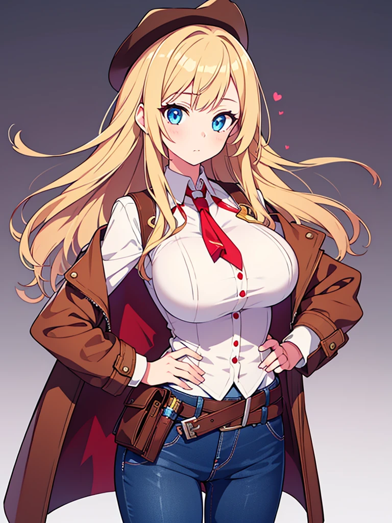 1 girl, masterpiece, Macross Delta Inkjet Art, best quality, White vest, diaphragm, Short blue jeans, Huge Breasts, Cowboy hat, Holster on hip, Very detailed gun, realistic gun, Colt Peace, Aim the gun forward,, Bullets on the belt, Brown leather duster, Leather coat, Delicate eyes, Bright Eyes, Beautiful hands, Very detailed hands, Straighten your hands, Glowing skin, Shiny hair, blue eyes, Light Blonde Hair, High target, Long hair, Straight Hair, whole body,