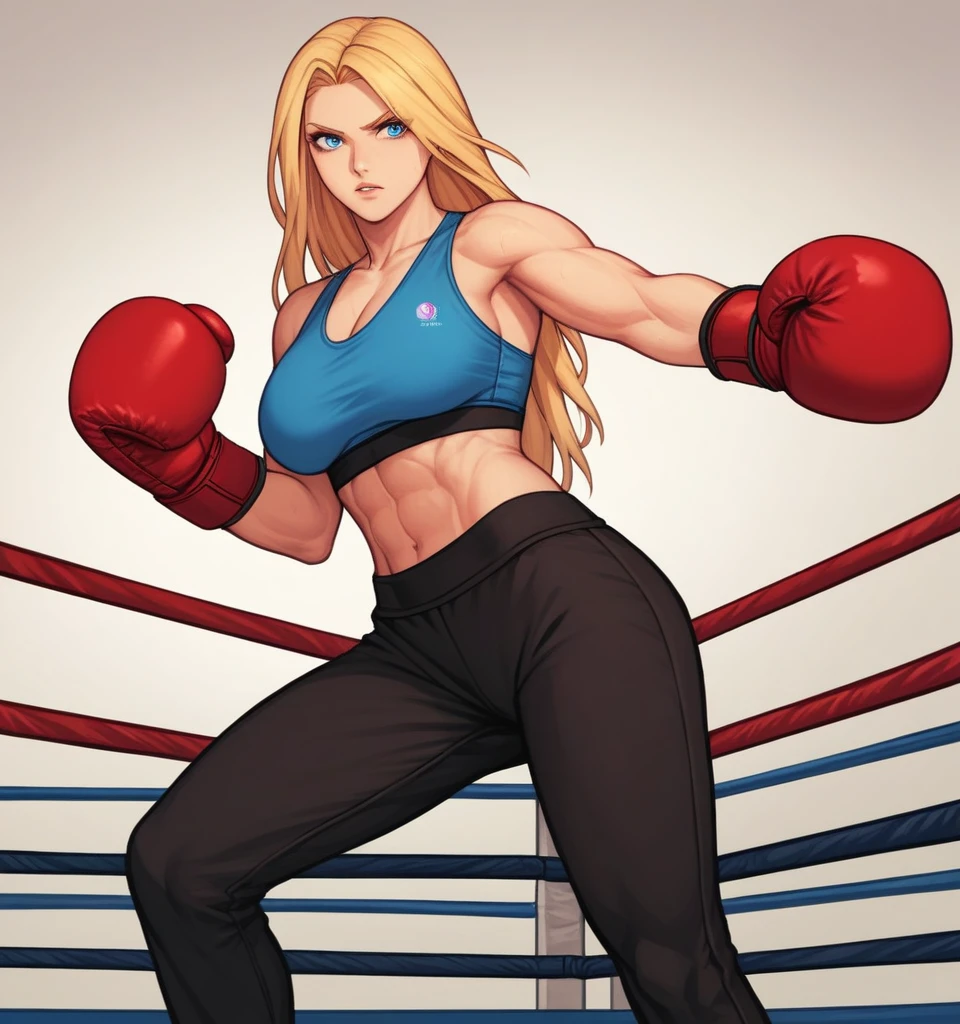 score_9, score_8_up, score_7_up, score_6_up, Detailed Background, BREAK
 Samusaran,1girl, long hair, sports bra,long black pants,boxing stance, blonde hair, blue eyes, BREAK
Boxing ring, boxing gloves