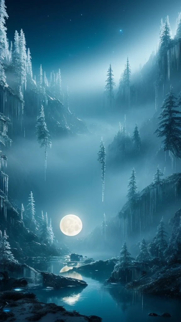 Imagine a surreal, ethereal night scene. In the sky, a giant, luminous moon acts as a mirror, reflecting the heart of a solitary traveler. Below, lakes woven from delicate strands of mist shimmer under the moonlight. Icicles, representing sensory perceptions, hang and drip with frosty clarity. Winding paths of dreams, lost and mysterious, snake through the landscape. Frozen violins, suspended in the air, emit silent, ancient melodies. Fragile boats drift across the celestial waters, journeying towards forgotten stars that glimmer faintly in the distance. The entire scene is suffused with a sense of quiet, timeless longing.