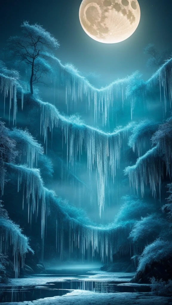 Imagine a surreal, ethereal night scene. In the sky, a giant, luminous moon acts as a mirror, reflecting the heart of a solitary traveler. Below, lakes woven from delicate strands of mist shimmer under the moonlight. Icicles, representing sensory perceptions, hang and drip with frosty clarity. Winding paths of dreams, lost and mysterious, snake through the landscape. Frozen violins, suspended in the air, emit silent, ancient melodies. Fragile boats drift across the celestial waters, journeying towards forgotten stars that glimmer faintly in the distance. The entire scene is suffused with a sense of quiet, timeless longing.