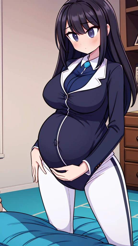 Image of a pregnant girl in leggings., set of comfortable home clothes, and a more formal pantsuit