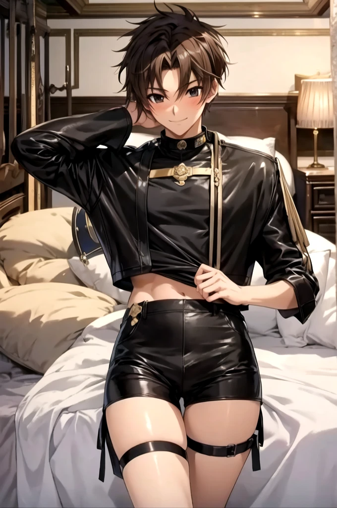 masterpiece, Highest quality, 19 old a boy, gay anime hentai, tall, bedroom alone, sexy pose, blushing and smile face, Upper body naked, Brown Hair, black eyes, leather shorts, want sex, prostitute boy, full body, crotch emphasis