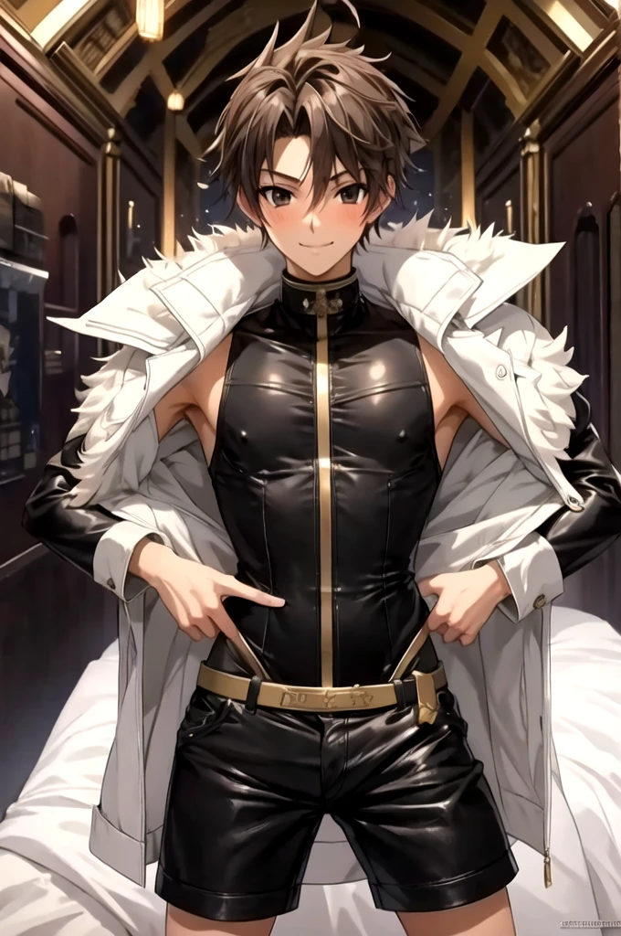 masterpiece, Highest quality, 19 old a boy, gay anime hentai, tall, bedroom alone, sexy pose, blushing and smile face, Upper body naked, Brown Hair, black eyes, leather shorts, want sex, prostitute boy, full body, crotch emphasis