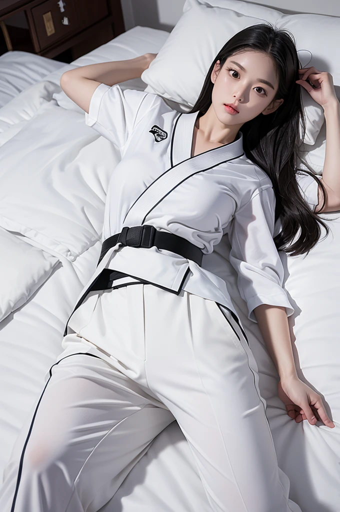 masterpiece, ultra details, best quality, 1 korean taekwondo girl, masterpiece, ultra details, best quality, black long straight hair, wearing sweaty white World Taekwondo Federation dobok uniform with black v-neck, wearing taekwondo blackbelt, wearing white martial arts pants without pockets, large sweaty butt, large breasts, laying on hotel bed showing butt, sweaty face