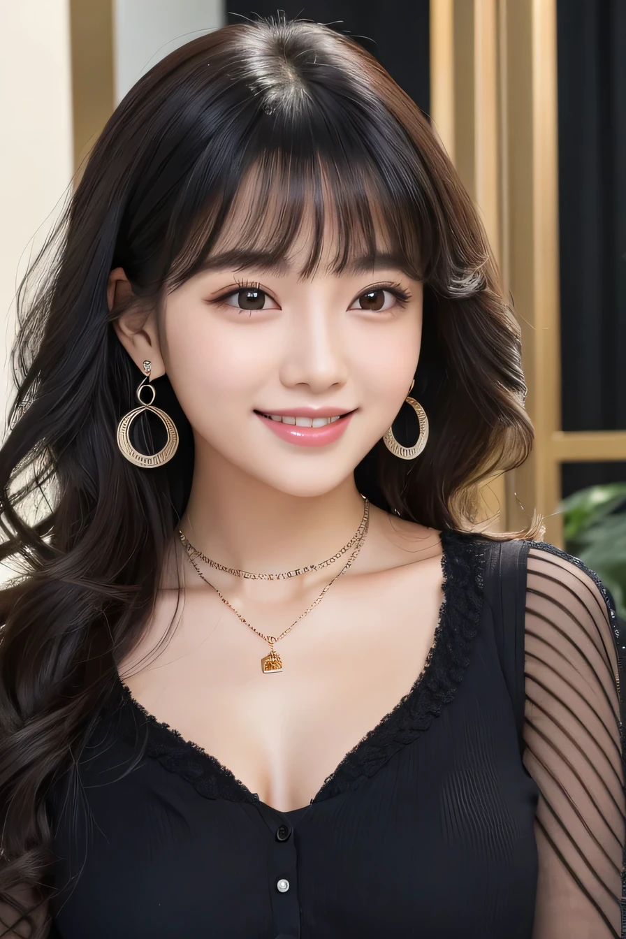 young woman、Black Hair、、Curly Hair、ear piercing、Necklace around the neck、blouse、Emphasize the chest、Closed Mouth Smile、Intricate details, Very detailed:1.2), 、 Looking into the camera,The background is the office