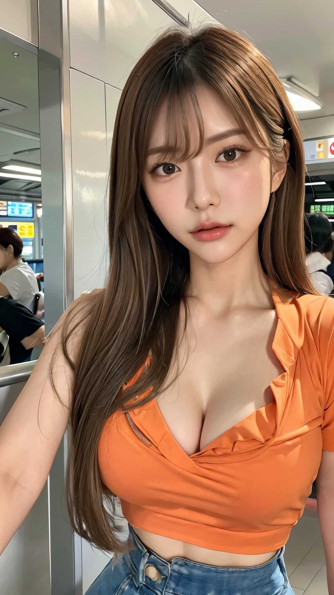 Realistic photos (1 cute Korean star) Reverse hair, light makeup, Middle breast size, Orange polo shirt, At the train station, Canon EOS Clear Facial Features, 16K, High resolution, Sharp and realistic details,  Exposure, interrupt, 超High resolution, High resolution, Highest quality