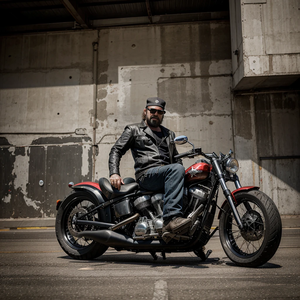 One man from the American Mc Chopper motorcycle gang sits rear-facing on a chopper.