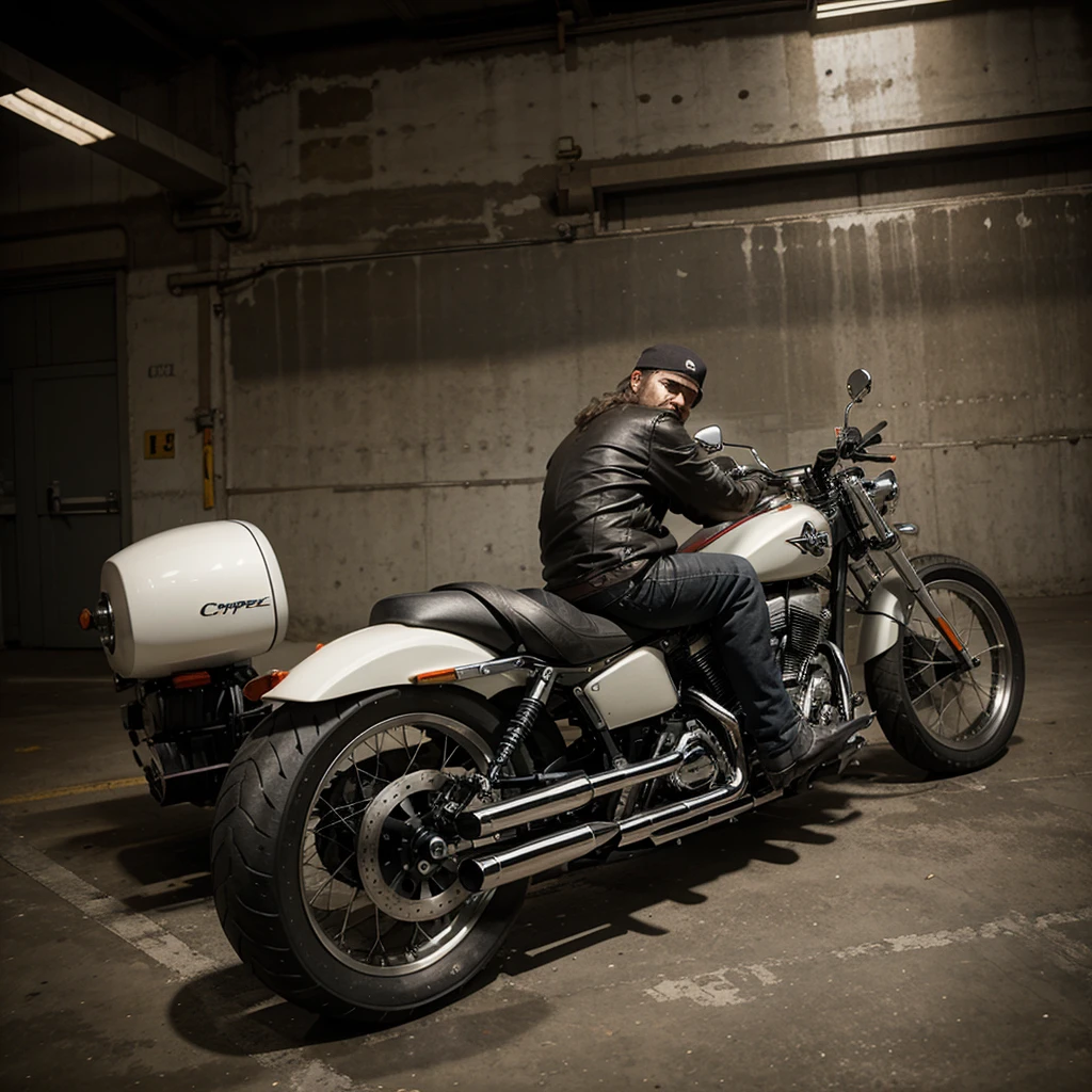 One man from the American Mc Chopper motorcycle gang sits rear-facing on a chopper.