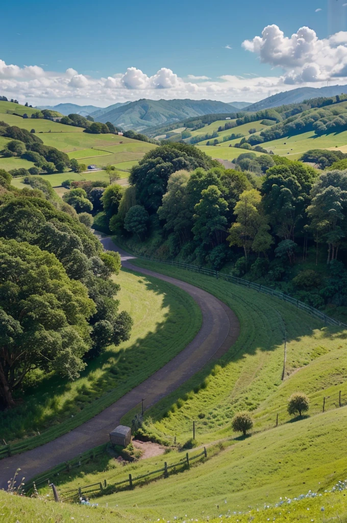 "Generate a serene video of a lush, rolling landscape with vibrant green hills and a clear blue sky."